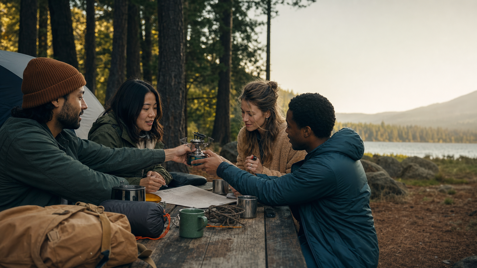 Friends planning a camping trip together at a wooden picnic table.