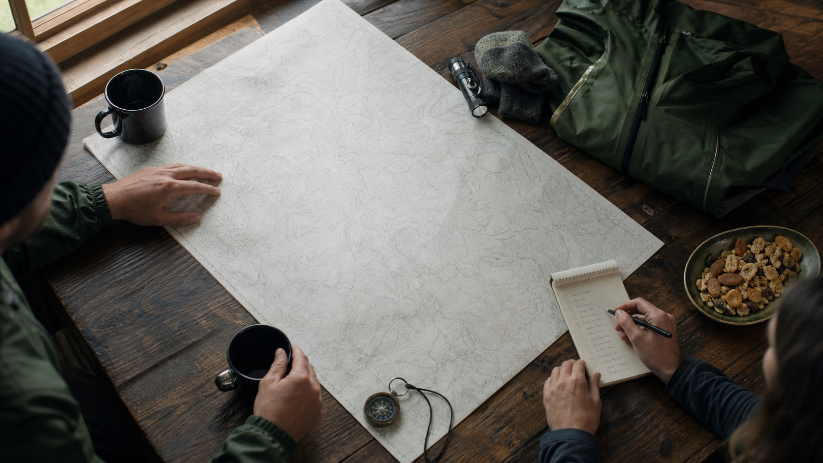 Camping supplies and maps arranged on a wooden planning table.